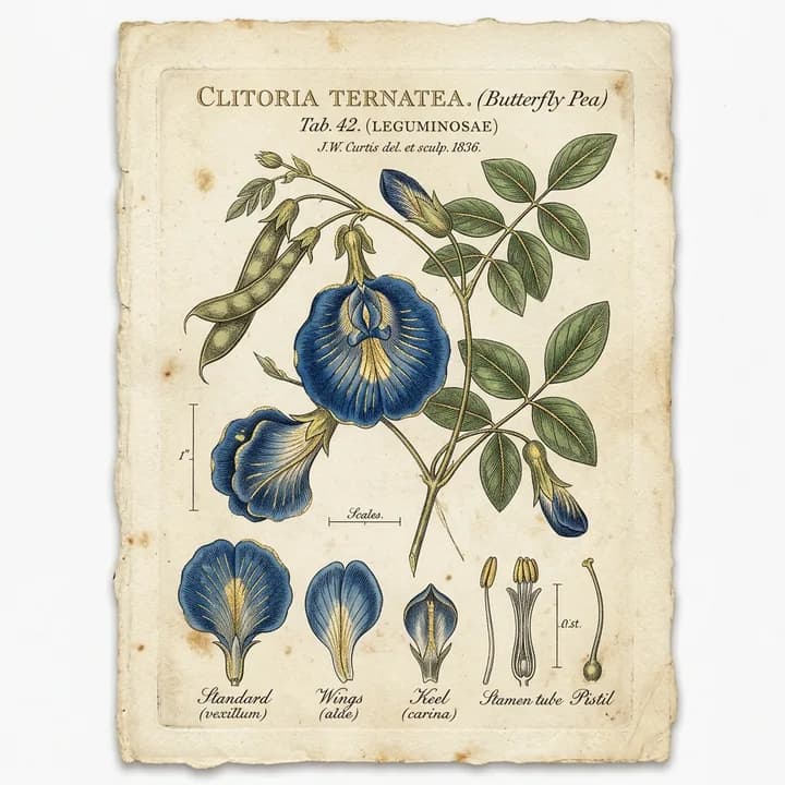Historical botanical illustration of the Clitoria Ternatea (Butterfly Pea) plant showing flowers and leaves