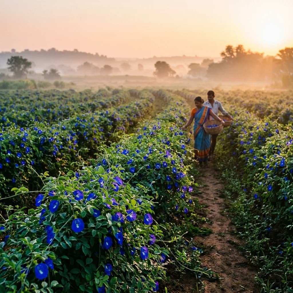 Cinematic sunrise fields of butterfly pea flowers in Khurai, Madhya Pradesh