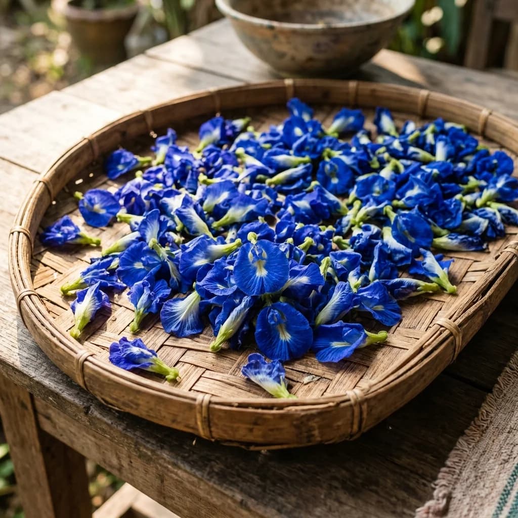Close-up photograph of whole dried blue butterfly pea blossoms laid out on a traditional bamboo tray